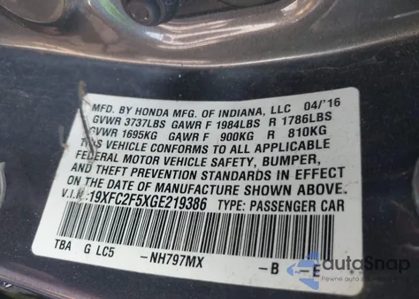 2016 Honda Civic Lx из США, поврежденный, VIN 19XFC2F5XGE219386